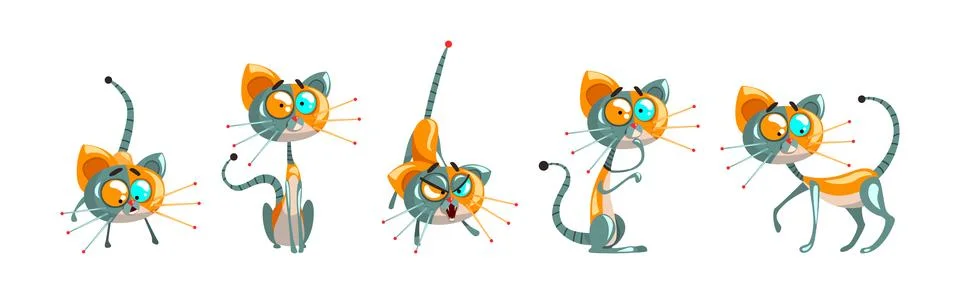 Cyborg Cat Artificial Intelligence and Mechanical Personage Vector Set Stock Illustration