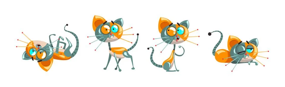 Cyborg Cat Artificial Intelligence and Mechanical Personage Vector Set Stock Illustration