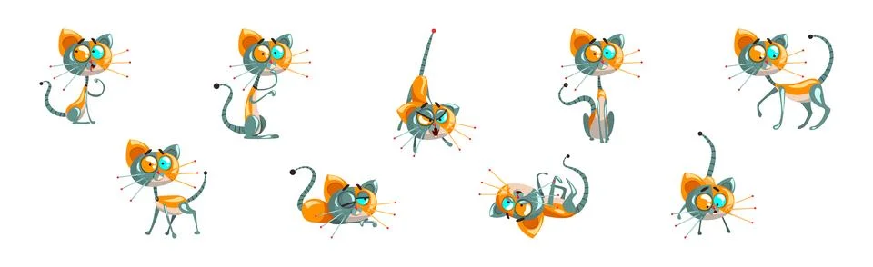 Cyborg Cat Artificial Intelligence and Mechanical Personage Vector Set Stock Illustration