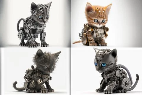 Cyborg cat on a white background, funny collage. AI generated. Stock Illustration