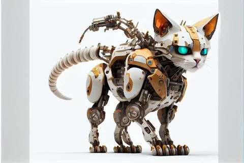 Cyborg cat on a white background, funny collage. AI generated. Иллюстрация