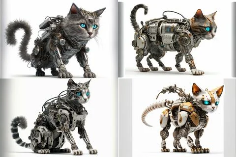 Cyborg cat on a white background, funny collage. AI generated. Stock Illustration