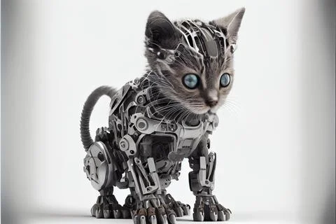 Cyborg cat on a white background, funny collage. AI generated. Stock Illustration