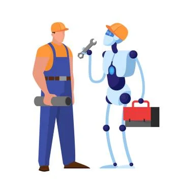 Cyborg character working with man. Robot plumber 스톡 일러스트