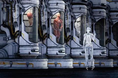Cyborg checking cryotubes Stockillustratie