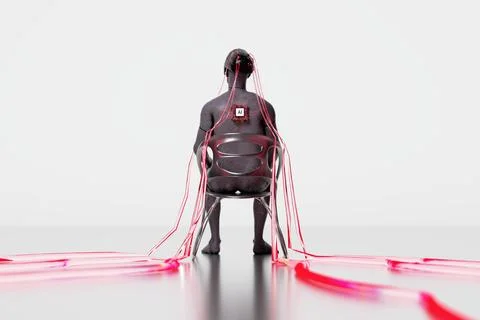 Cyborg connecting to an artificial intelligence chip. 3d render Stock Illustration