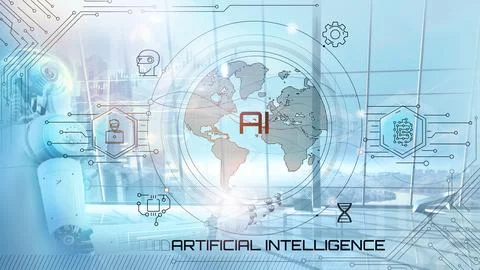 The cyborg connects to a spherical digital interface. 스톡 일러스트