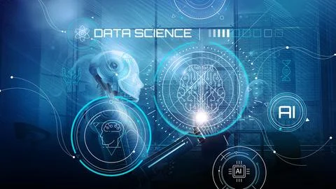 Cyborg connects to virtual Interface and learning. Illustrazione stock