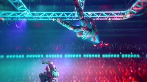 Cyborg Destroys Rival Robot With Punches In Fake Video Game Combat Animation Stock Footage 303571168