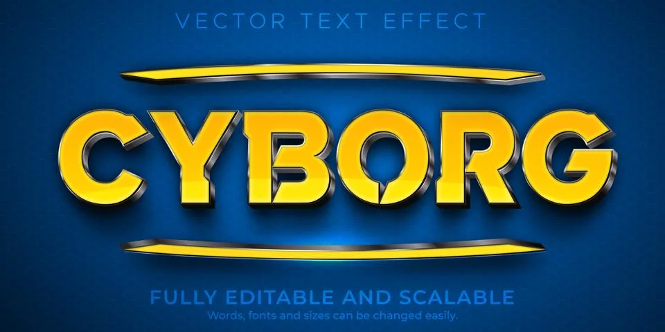 Cyborg editable text effect, yellow metallic 3d text style Stock Illustration