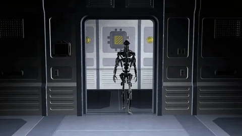 Cyborg enters the computer room - 3D animation Stock Footage 121322565