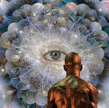 Cyborg before the eye of Creator Stock Illustration