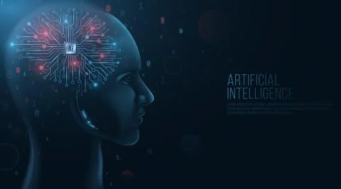 Cyborg face model. Futuristic technological brain. Computer processor and cir Stock Illustration