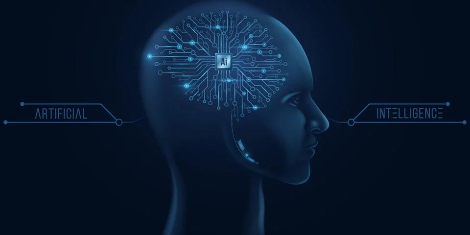 Cyborg face with technological brain. Computer processor and circuit board. A Stock Illustration