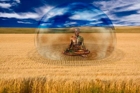 Cyborg in field of wheat Stock Illustration