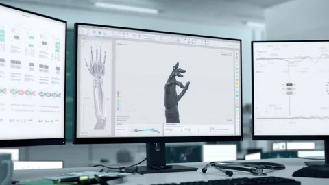 Cyborg Finger Mechanisms Connecting To Bionic Arm In 3D Fabrication System Stock Footage 238398982