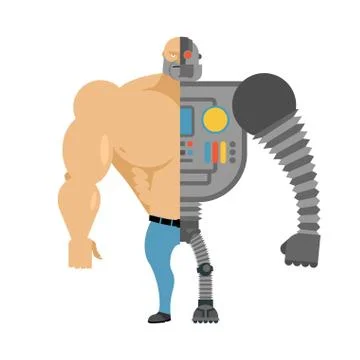 Cyborg. Half human half robot. Man with big muscles and iron limbs. Cyber-man Illustrazione stock