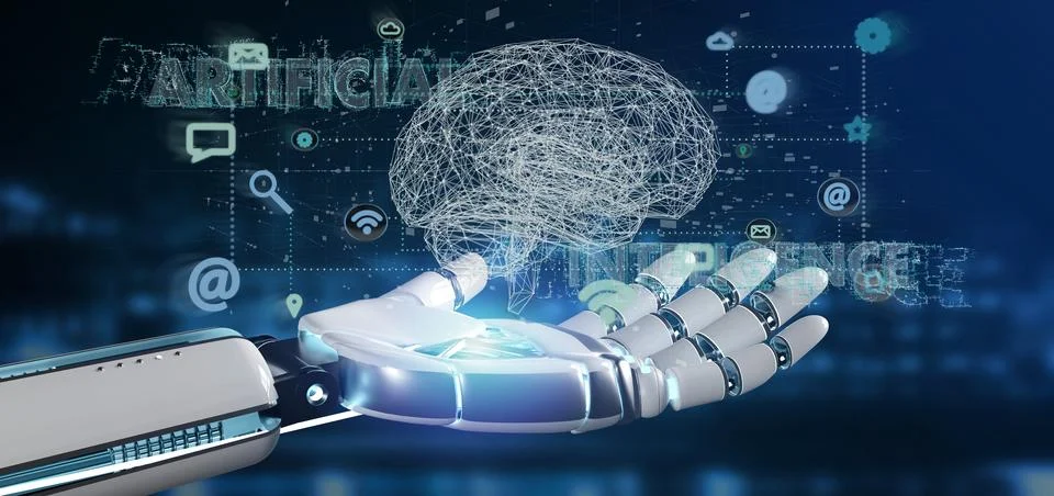 Cyborg hand holding a artificial intelligence concpt with a brain and app 3.. Stock Photos