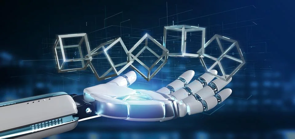 Cyborg hand holding a blockchain cube 3d rendering Stock Illustration