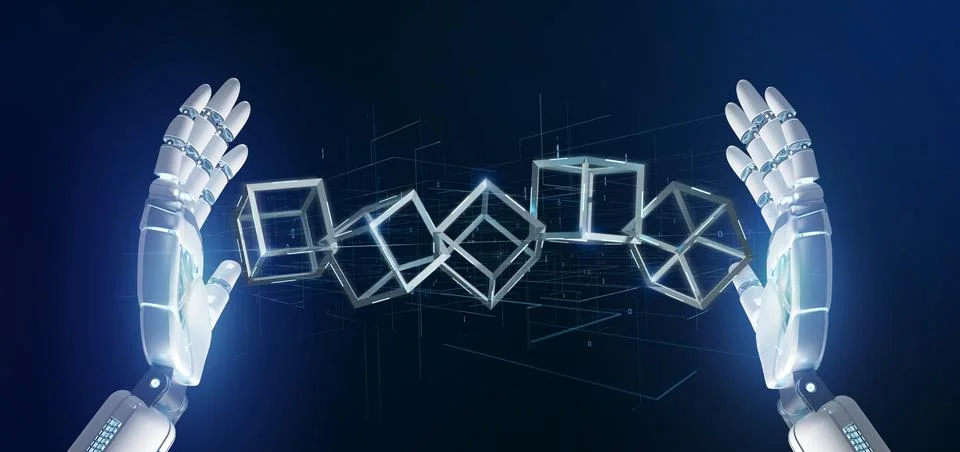 Cyborg hand holding a blockchain cube 3d rendering Stock Illustration
