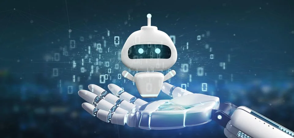 Cyborg hand holding Chatbot with binary code 3d rendering Stock Photos