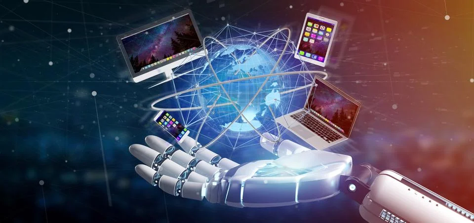 Cyborg hand holding a Computer and devices displayed on a futuristic interf.. Stock Illustration