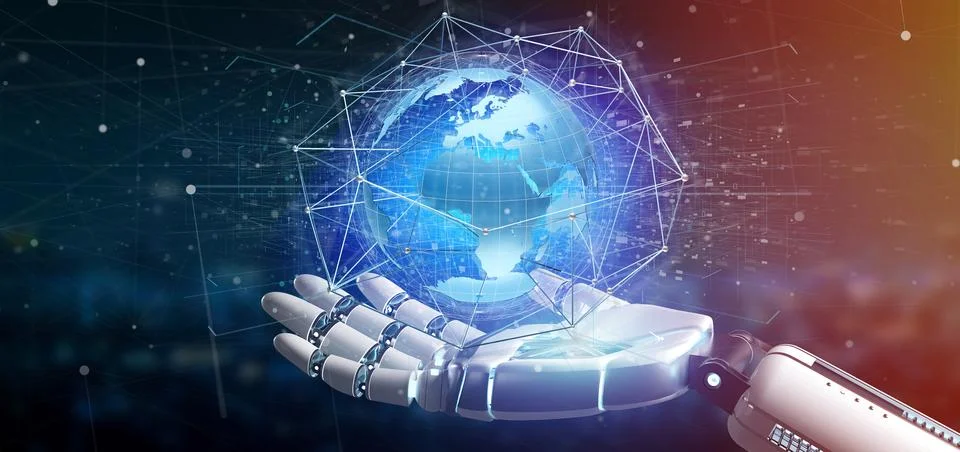 Cyborg hand holding a Connected network over a earth globe concept on a fut.. Stockillustratie
