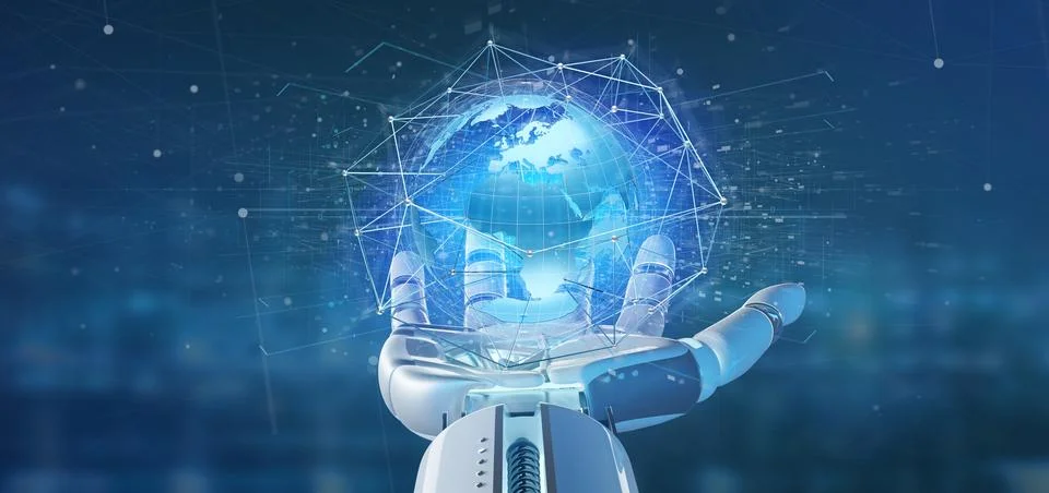 Cyborg hand holding a Connected network over a earth globe concept on a fut.. Stock Illustration