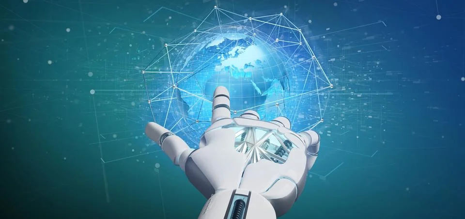 Cyborg hand holding a Connected network over a earth globe concept on a fut.. Stock Illustration