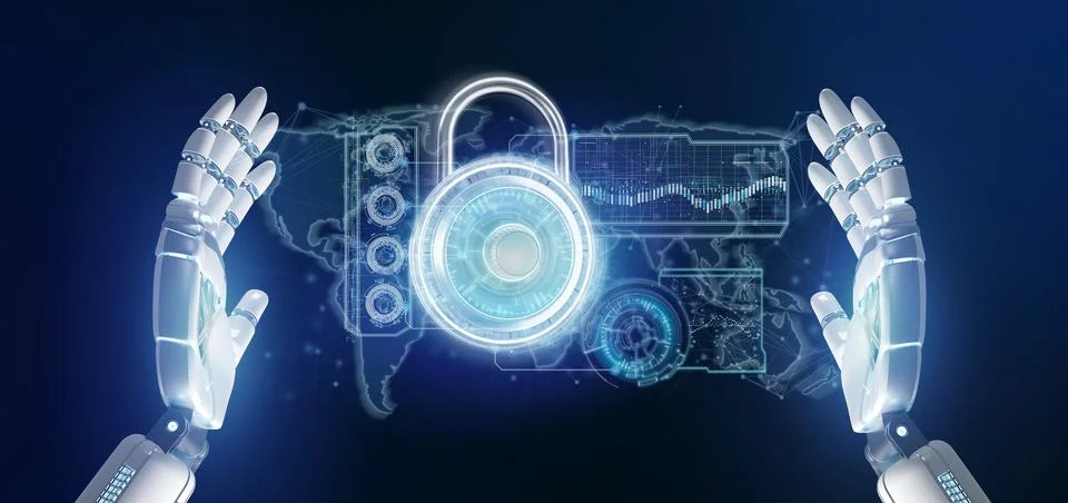 Cyborg hand holding a Padlock security technology interface 3d rendering Stock Illustration