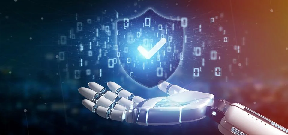 Cyborg hand holding a Shield web security concept 3d rendering Stock Illustration