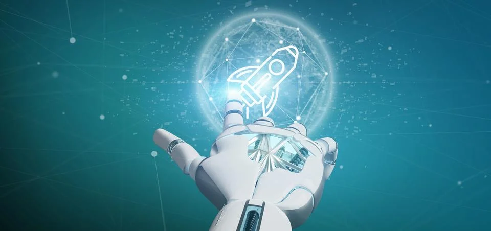 Cyborg hand holding a  start up rocket on a sphere 3d rendering Stock Illustration
