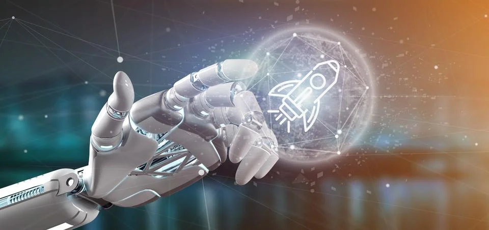 Cyborg hand holding a  start up rocket on a sphere 3d rendering Stock Illustration