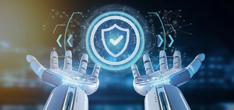 Cyborg hand holding a Technology security icon on a circle 3d rendering Stock Illustration