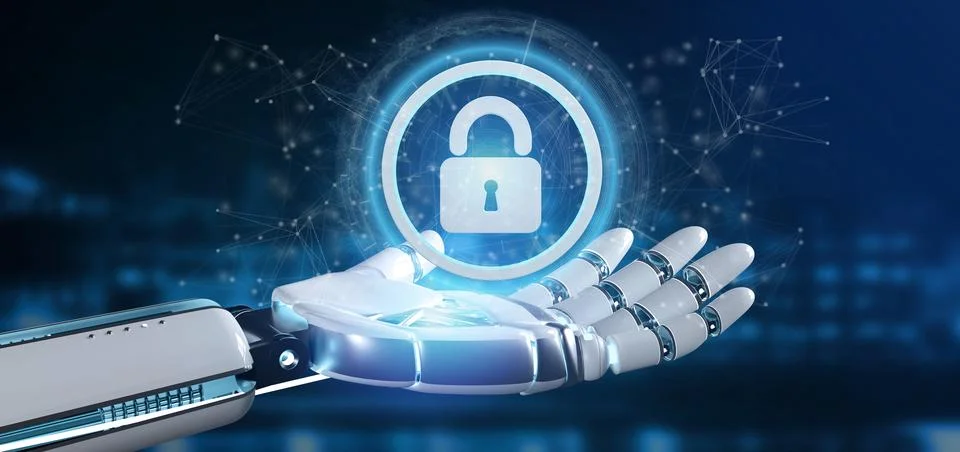 Cyborg hand holding a Technology security icon on a circle 3d rendering Stock Illustration