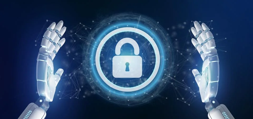 Cyborg hand holding a Technology security icon on a circle 3d rendering Stock Illustration