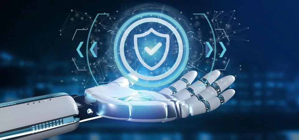 Cyborg hand holding a Technology security icon on a circle 3d rendering Stock Illustration