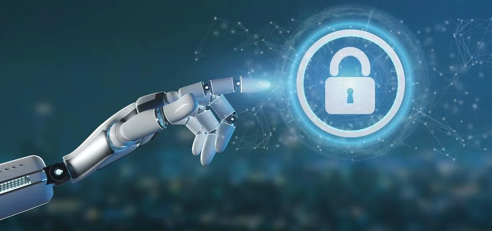 Cyborg hand holding a Technology security icon on a circle 3d rendering Stock Illustration