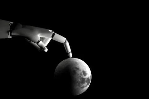 Cyborg hand playing with moon Stock Illustration