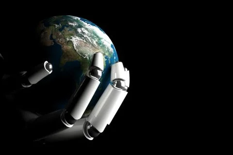 Cyborg hand protecting earth Stock Illustration