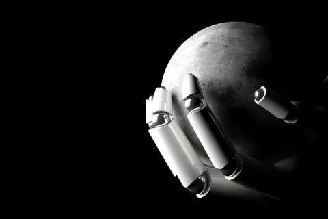 Cyborg hand protecting moon Stock Illustration