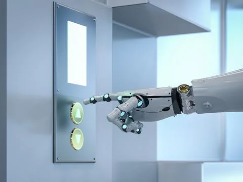 Cyborg hand push elevator button Stock Illustration