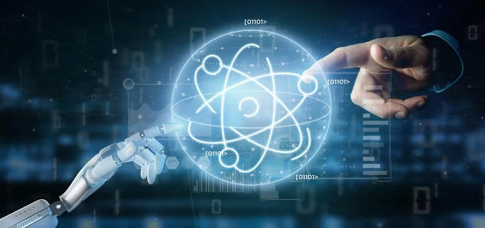 Cyborg holding an atom icon surrounded by data Stock Illustration