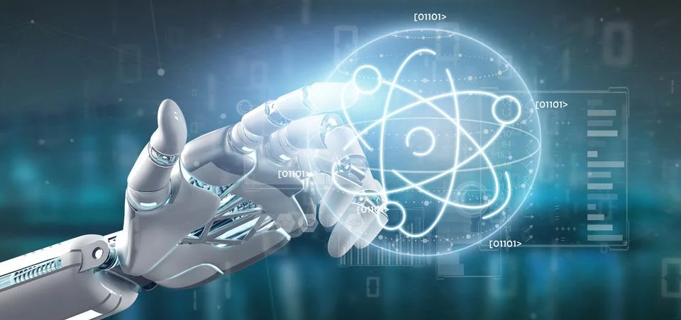 Cyborg holding an atom icon surrounded by data Stock Photos