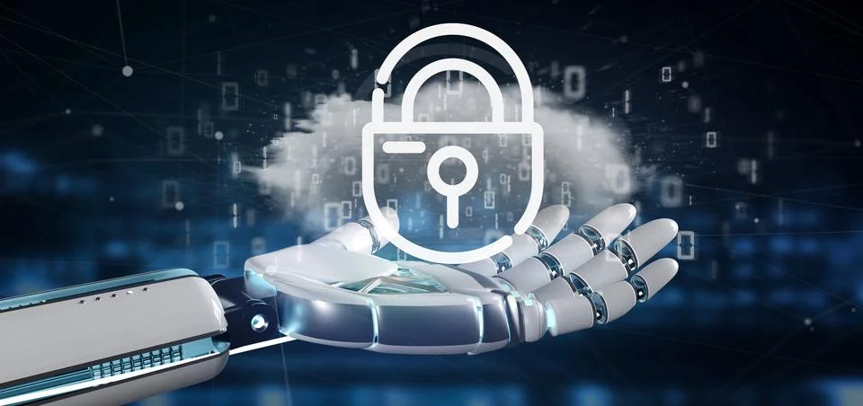 Cyborg holding a Binary cloud with internet security padlock 3d rendering Ilustração Stock