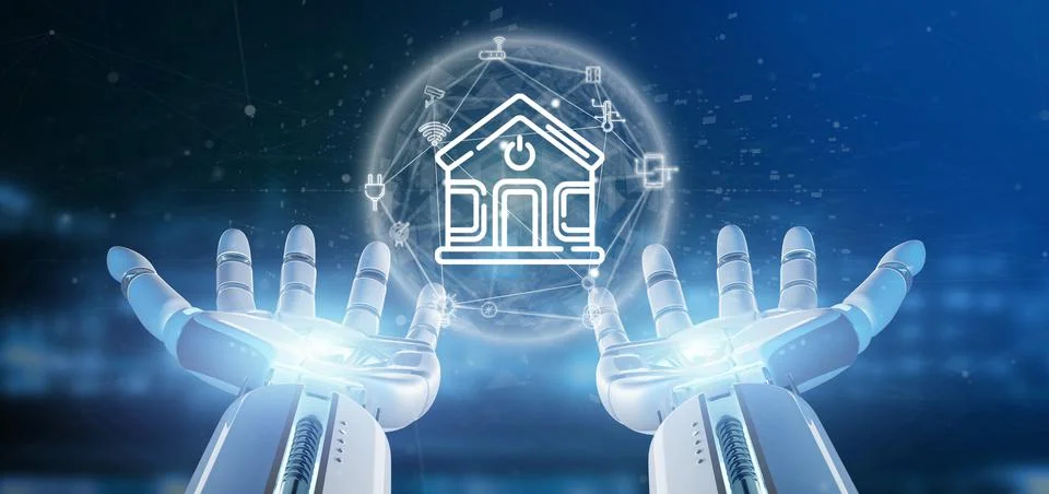 Cyborg holding Smart home interface with icon, stats and data 3d rendering Stock Illustration