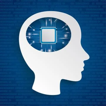 Cyborg Human Head Microchip Blue Background Stock Illustration