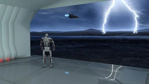 Cyborg, humanoid robot in cargo bay watching a spaceship flying into a storm Stock Illustration