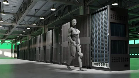 Cyborg humanoid walking spy server internet hi tech red alarm room giving Stock Footage 268823884
