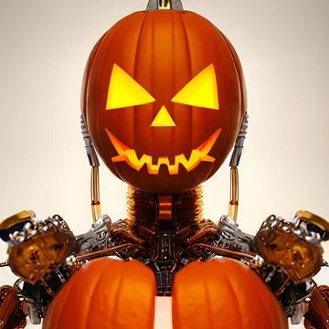 Cyborg jack o lantern with robot hands.  Stock Photos